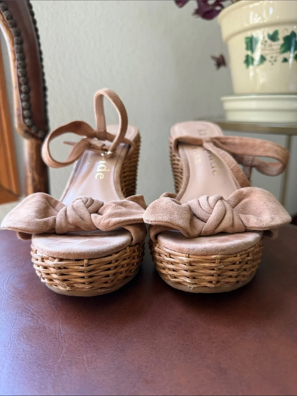 kate spade Tan Suede Knot Wedge Sandals